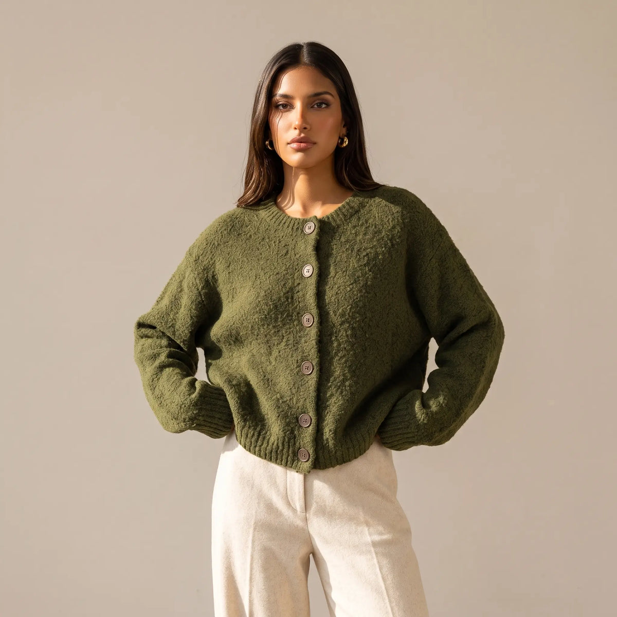 Katch Me Chic Women's Cozy Button-Up Knit Cardigan - Soft Fuzzy Long Sleeve Thermal Cropped Sweater for Fall & Winter Layering