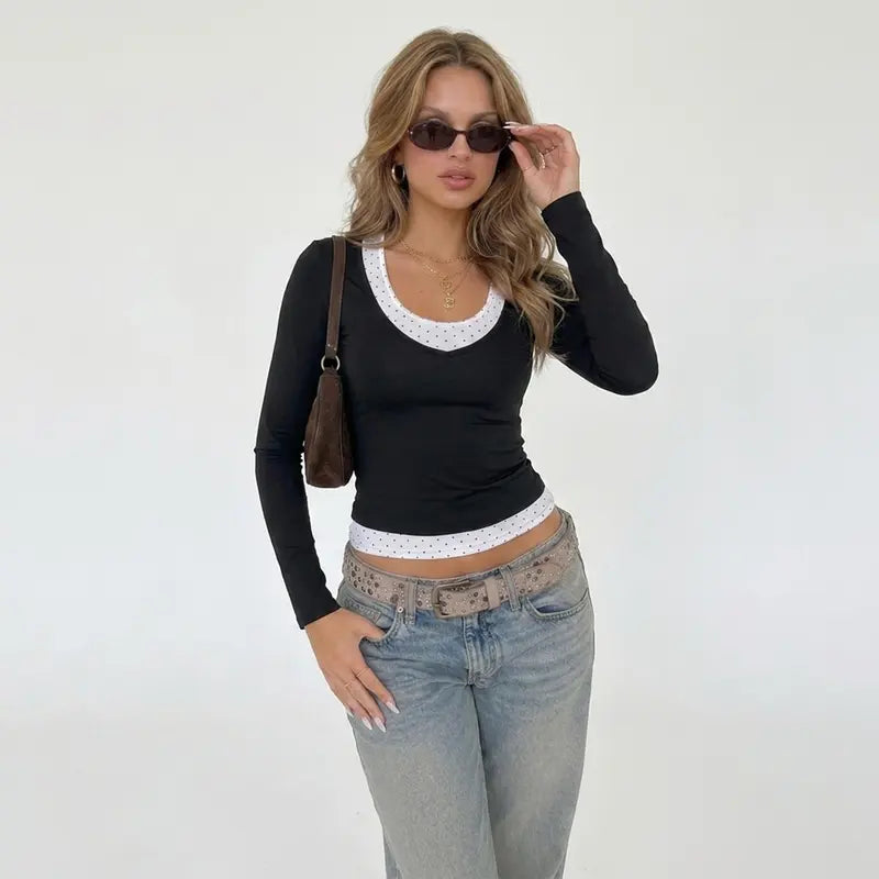 2 Piece Clothes Women'S Y2K Polka Dot Halter Layered Long Sleeve Top, Quick Dry Slim Fit Breathable Yoga Workout Shirts, Casual Streetwear Activewear