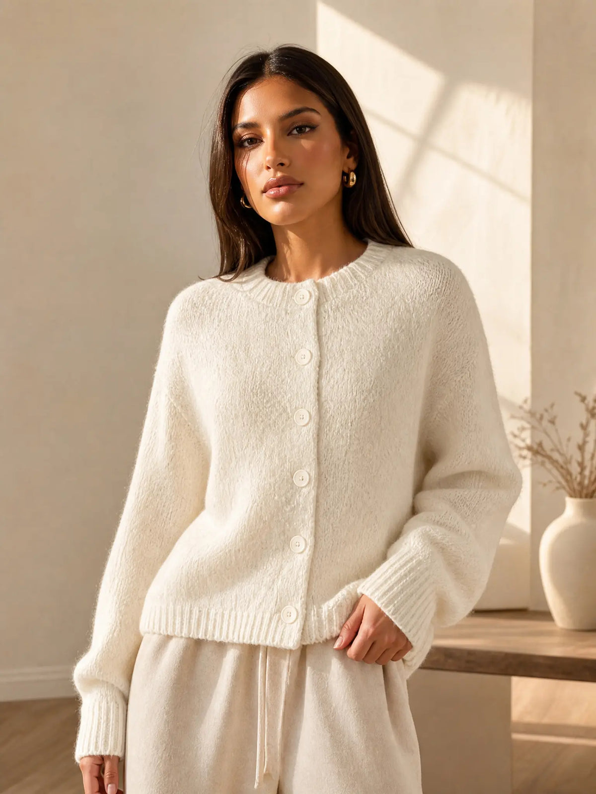 Katch Me Chic Women's Cozy Button-Up Knit Cardigan - Soft Fuzzy Long Sleeve Thermal Cropped Sweater for Fall & Winter Layering