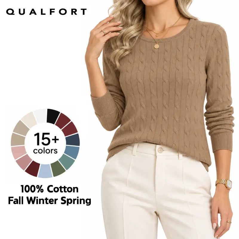 QUALFORT Women'S 100% Cotton Cable-Knit Crew Neck Long-Sleeve Pullover Sweater, Classic Basic Knit Top, Preppy Fall Winter Style for Work, Campus, Travel, Weekend, Casual Layering & Everyday Outfits, Soho Chic