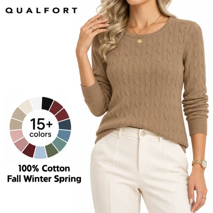 QUALFORT Women'S 100% Cotton Cable-Knit Crew Neck Long-Sleeve Pullover Sweater, Classic Basic Knit Top, Preppy Fall Winter Style for Work, Campus, Travel, Weekend, Casual Layering & Everyday Outfits, Soho Chic