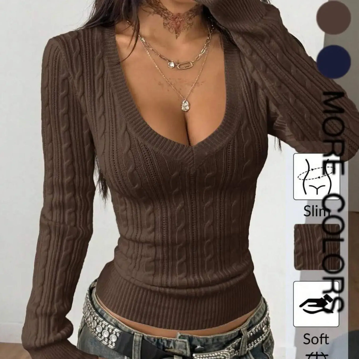 Elegant V-Neck Cable Knit Sweater for Women, Soft and Stylish, Slim Fit, Casual and Fashionable, Versatile Knitted Top, New for Fall/Winter, Knitwear Pullover