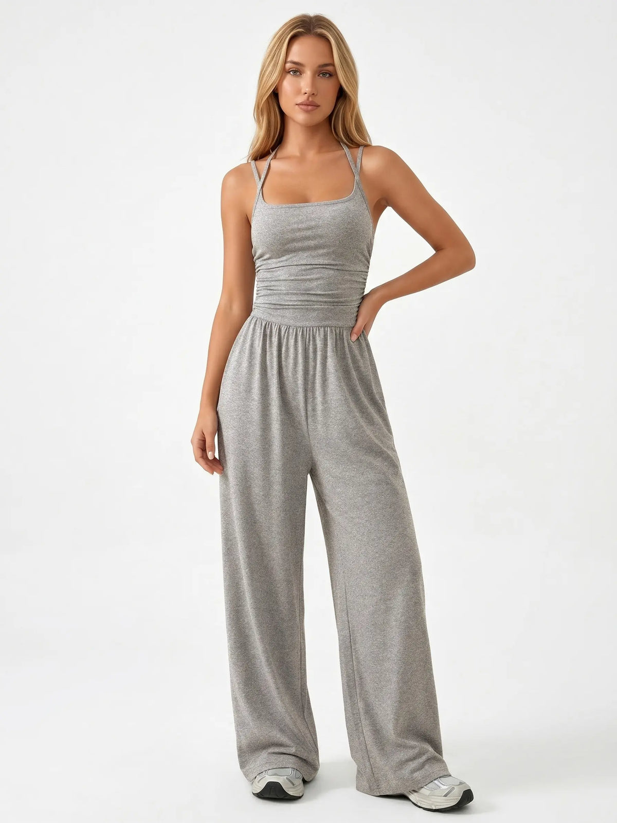 Katch Me Chic Women's Casual Solid Color Dual Strap Shirred Wide Leg Jumpsuit - Soft, Sweat-Wicking Stretch Sportswear for Spring & Summer