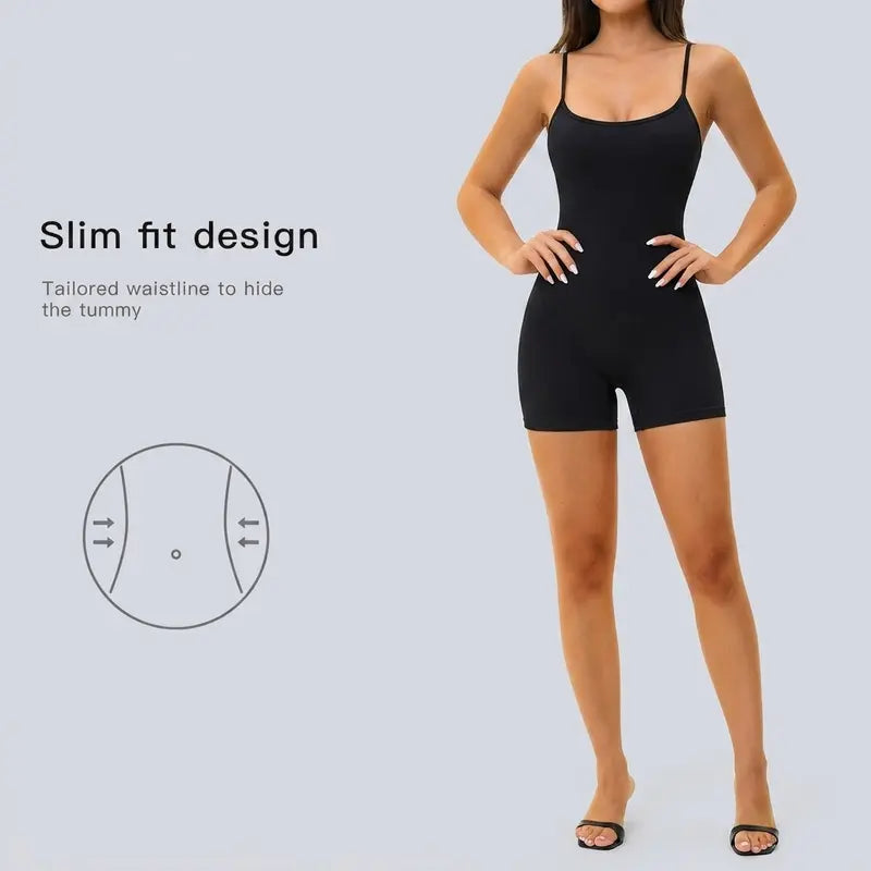Missfeel Women'S Adjustable Spaghetti Strap Shapewear Bodysuit Shorts, Buttery‑Soft Ribbed Fabric, 4‑Way High Stretch, Moisture‑Wicking Quick‑Dry, Gentle Tummy Control, Butt‑Lifting, Seamless Slim Fit Active Romper for Yoga Gym Daily Wear