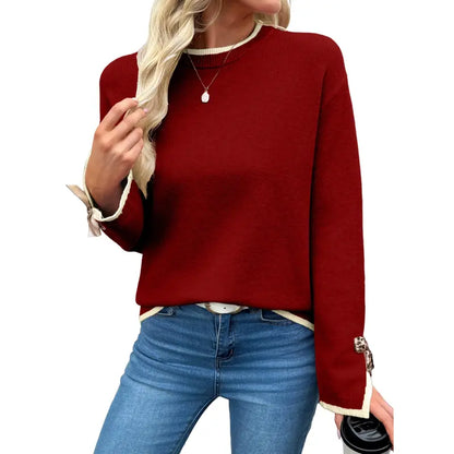 EVALESS Women'S Crew Neck Knitwear Pullover, Casual Sweater with Leopard Print Bow Cuffs, Relaxed Fit for Fall