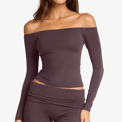 Women'S Everyday Summer Wear off the Shoulder Crop Top Long Sleeve Seamless Fitted Bardot Top Slim Fit Pilates Yoga Workout Basic Tee Athletic Top Casual Streetwear Going Out