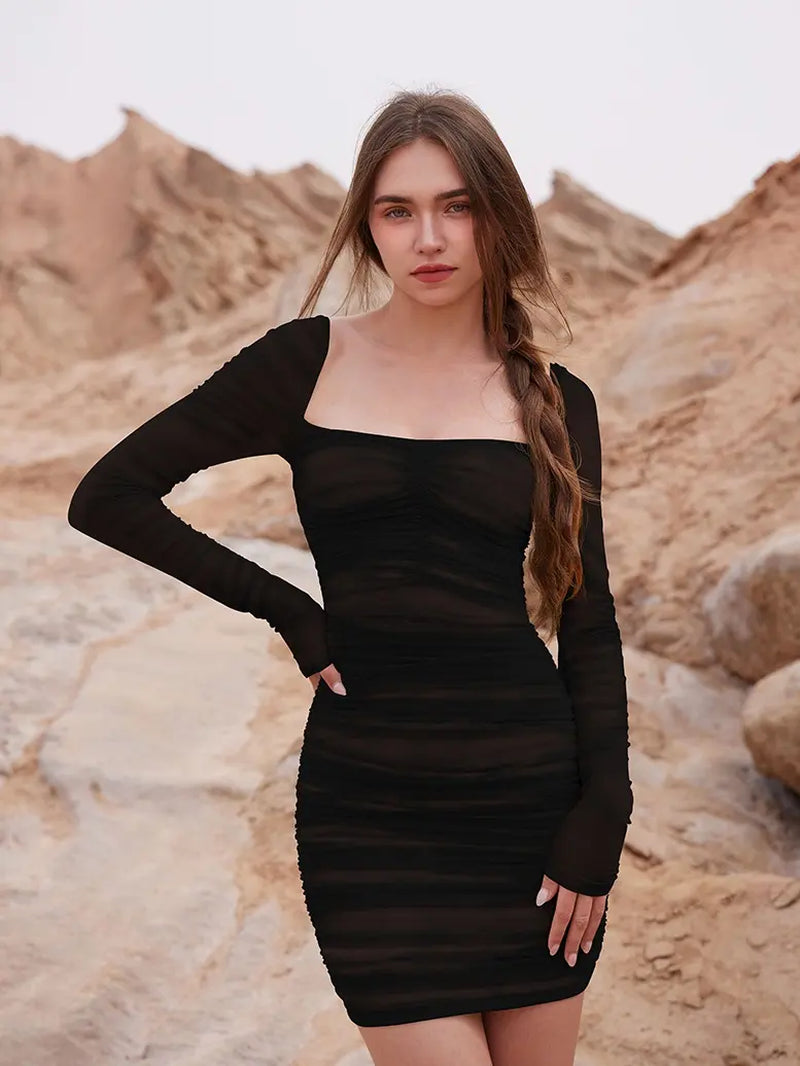 OYS Women's Elegant Long Sleeve Ruched Bodycon Mini Dress for Parties and Clubs