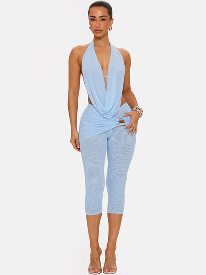 Women's Elegant Deep V Neck Backless Top with Fitted Three-Quarter Pants Set, Faux Two-Piece Design, Ideal for Social Events and Gatherings