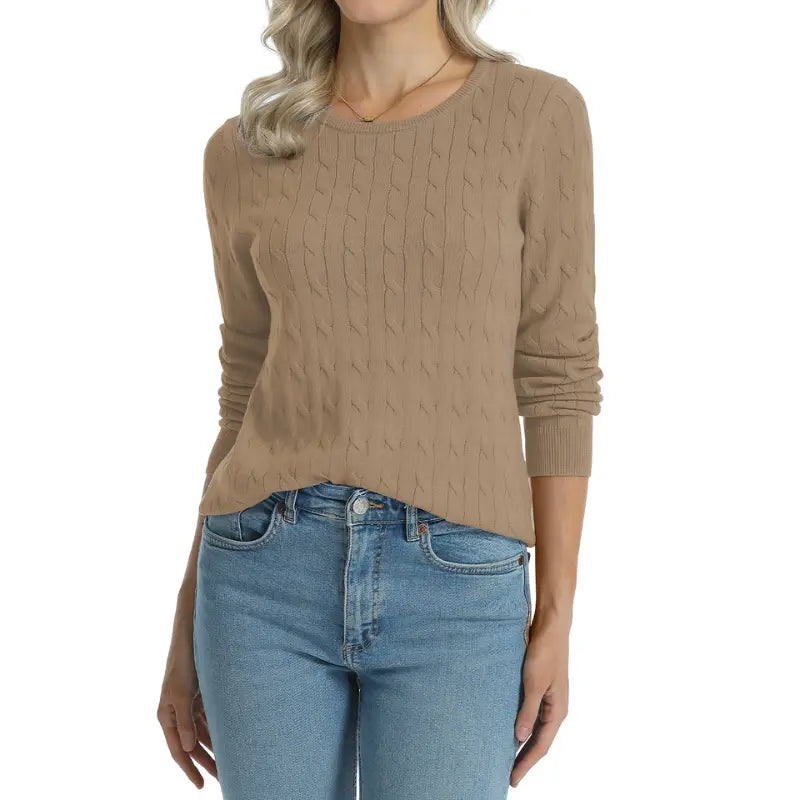 QUALFORT Women'S 100% Cotton Cable-Knit Crew Neck Long-Sleeve Pullover Sweater, Classic Basic Knit Top, Preppy Fall Winter Style for Work, Campus, Travel, Weekend, Casual Layering & Everyday Outfits, Soho Chic