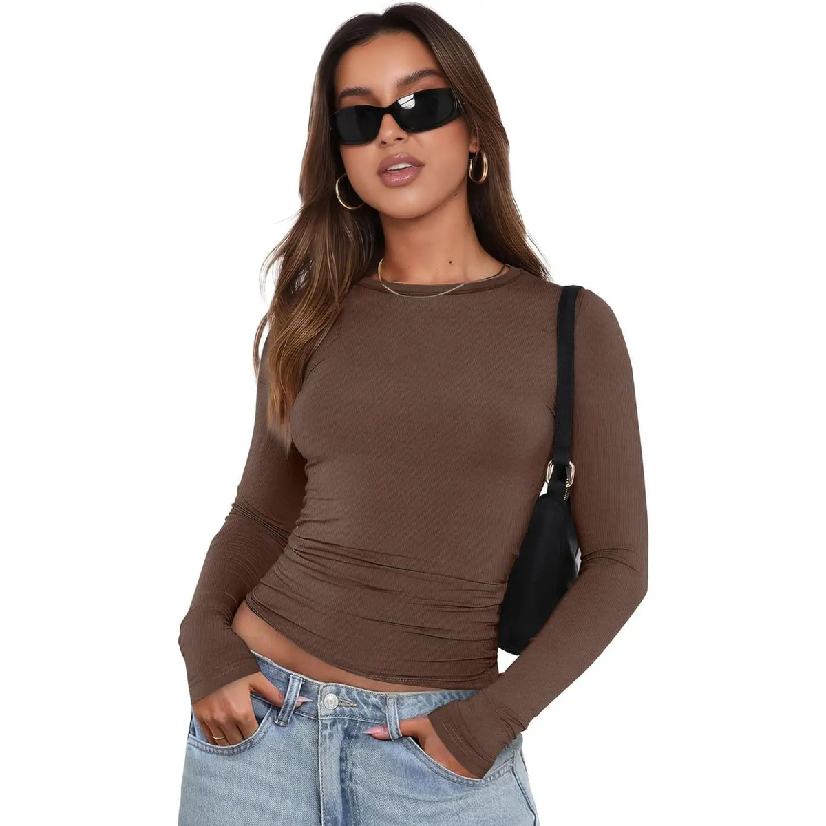 WIHOLL Women's Long Sleeve Crew Neck Slim Fit T-Shirts - Y2K Essential Tops - Available in 3-Pack and 2-Pack Crop Options