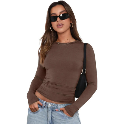 WIHOLL Women's Long Sleeve Crew Neck Slim Fit T-Shirts - Y2K Essential Tops - Available in 3-Pack and 2-Pack Crop Options
