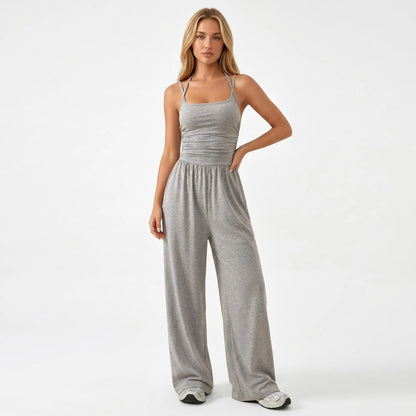 Katch Me Chic Women's Casual Solid Color Dual Strap Shirred Wide Leg Jumpsuit - Soft, Sweat-Wicking Stretch Sportswear for Spring & Summer