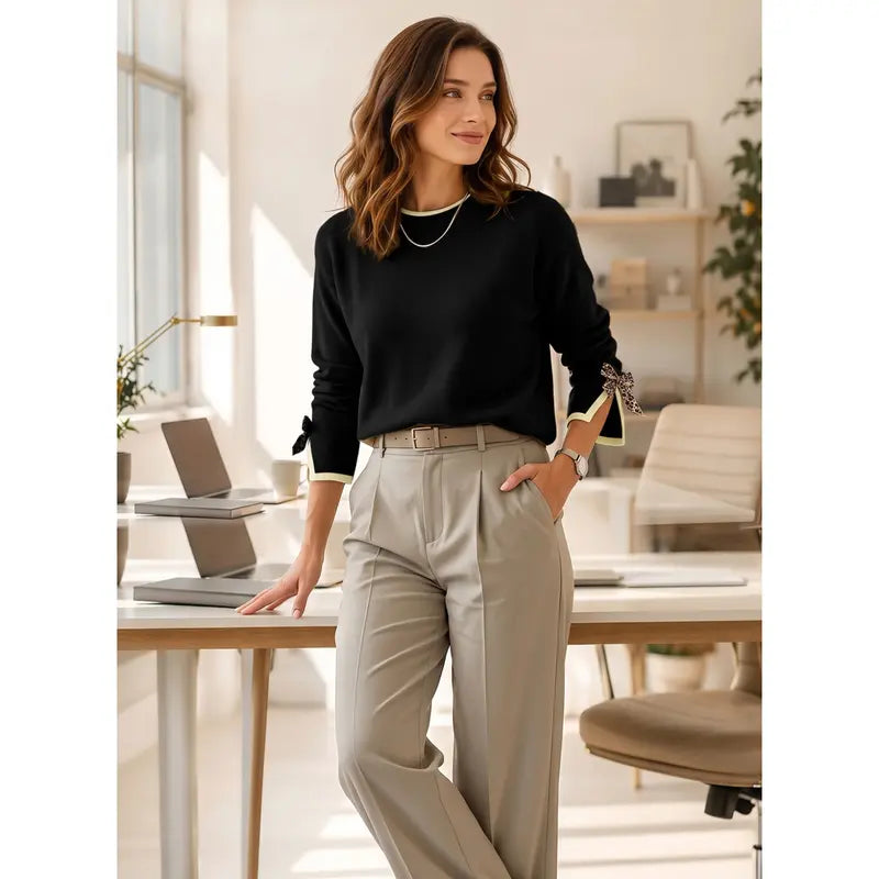 EVALESS Women'S Crew Neck Knitwear Pullover, Casual Sweater with Leopard Print Bow Cuffs, Relaxed Fit for Fall