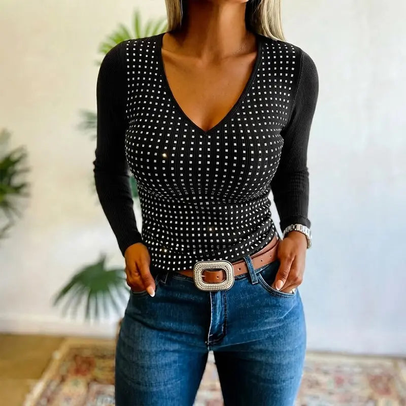 CHICME Women'S V Neck Rhinestone Top Long Sleeve Ribbed Knit Tee Slim Fit Pullover Casual Base Layering Top