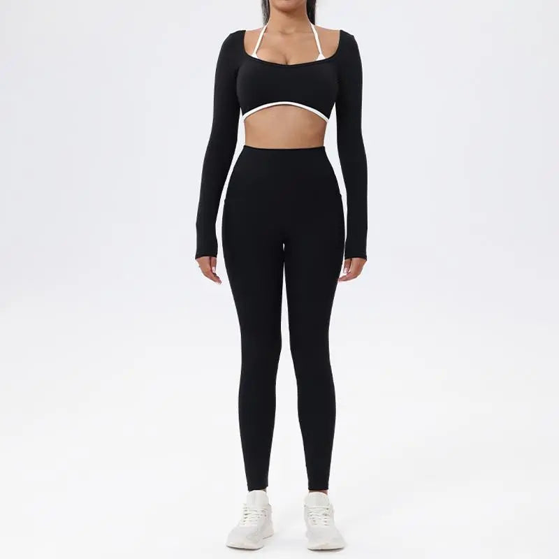 Summervibes Workout Sets for Women 2 Piece Outfits Seamless High Waist Leggings Yoga Long Sleeve Crop Tops Athletic Gym Sets Elegante Sport Halter Bra for Gym Workout Sets for Women Activewear High Waisted Outdoor Fun