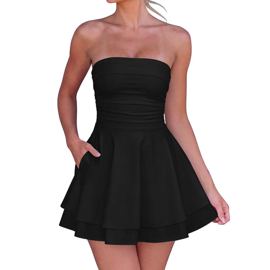 OYS Women'S Sexy Tube Top Strapless Ruched Waist Ruffle Hem Tiered Layer Cocktail Party Graduation Mini Dress