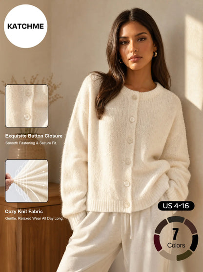 Katch Me Chic Women's Cozy Button-Up Knit Cardigan - Soft Fuzzy Long Sleeve Thermal Cropped Sweater for Fall & Winter Layering