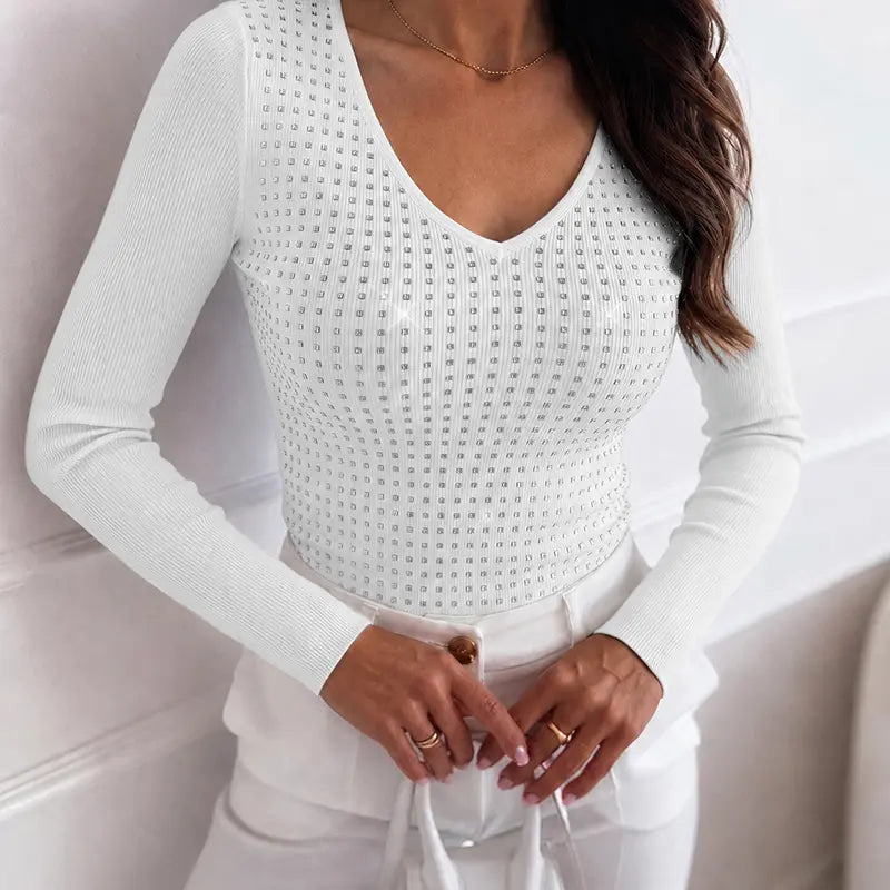 CHICME Women'S V Neck Rhinestone Top Long Sleeve Ribbed Knit Tee Slim Fit Pullover Casual Base Layering Top
