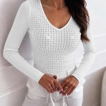 CHICME Women'S V Neck Rhinestone Top Long Sleeve Ribbed Knit Tee Slim Fit Pullover Casual Base Layering Top