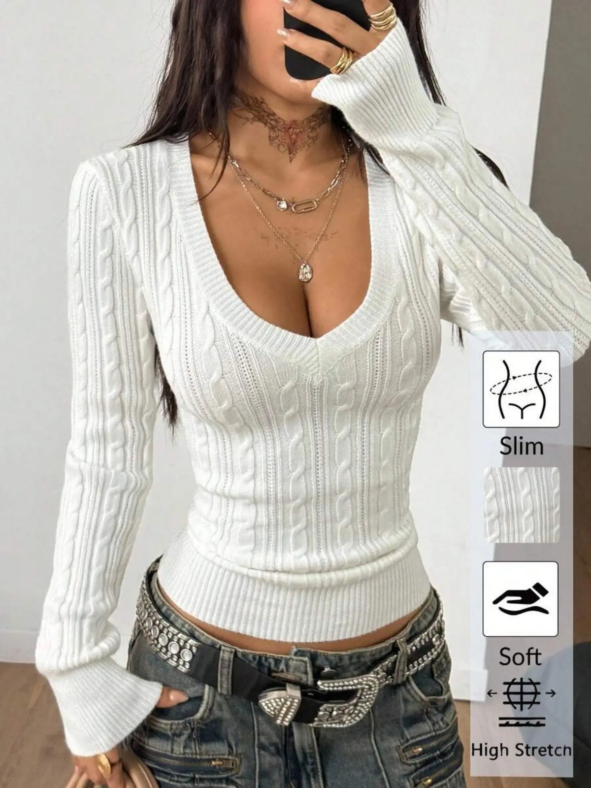 Elegant V-Neck Cable Knit Sweater for Women, Soft and Stylish, Slim Fit, Casual and Fashionable, Versatile Knitted Top, New for Fall/Winter, Knitwear Pullover