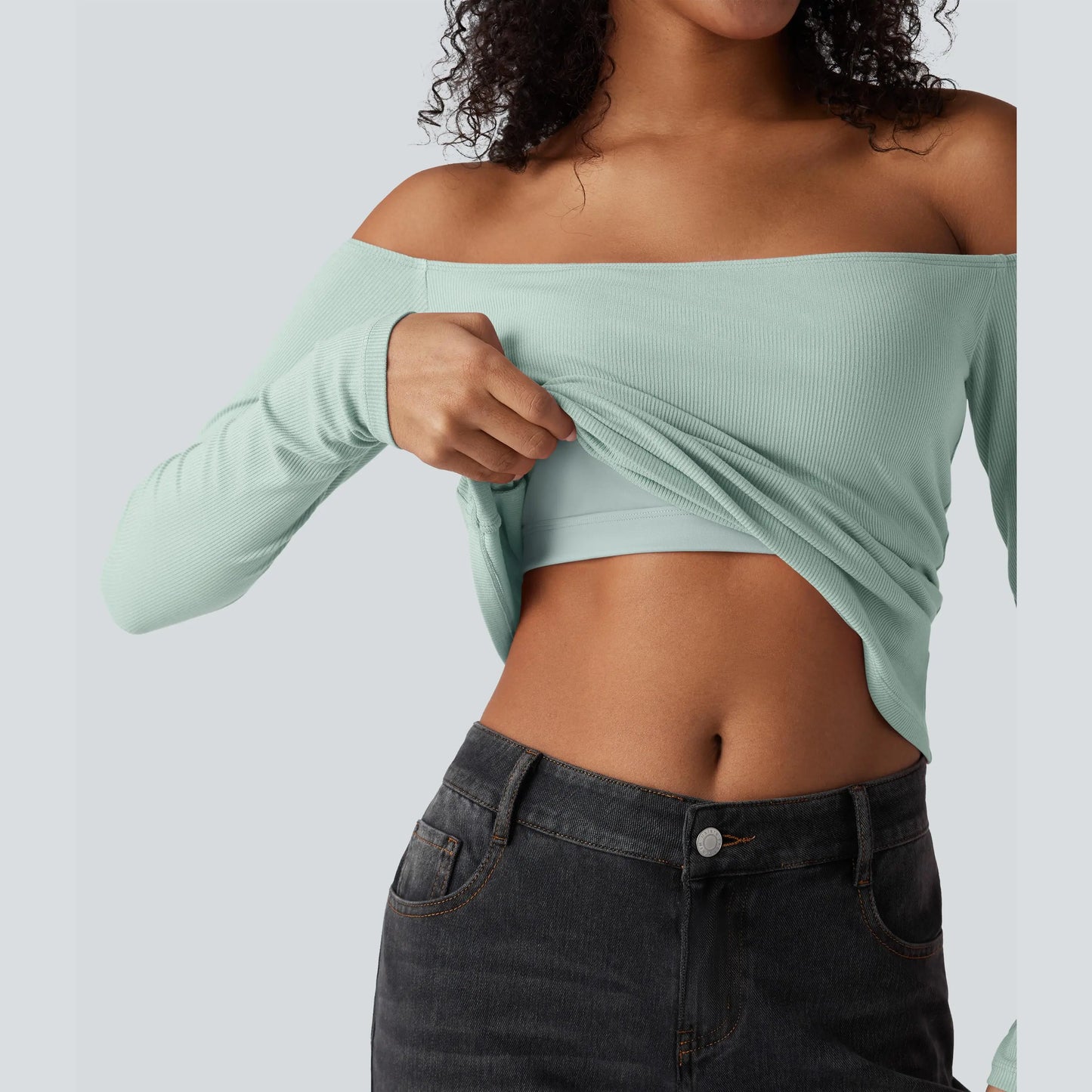Halara Ribbed Knit off Shoulder Long Sleeve 2-In-1 Casual Top