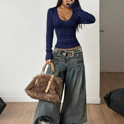 Elegant V-Neck Cable Knit Sweater for Women, Soft and Stylish, Slim Fit, Casual and Fashionable, Versatile Knitted Top, New for Fall/Winter, Knitwear Pullover