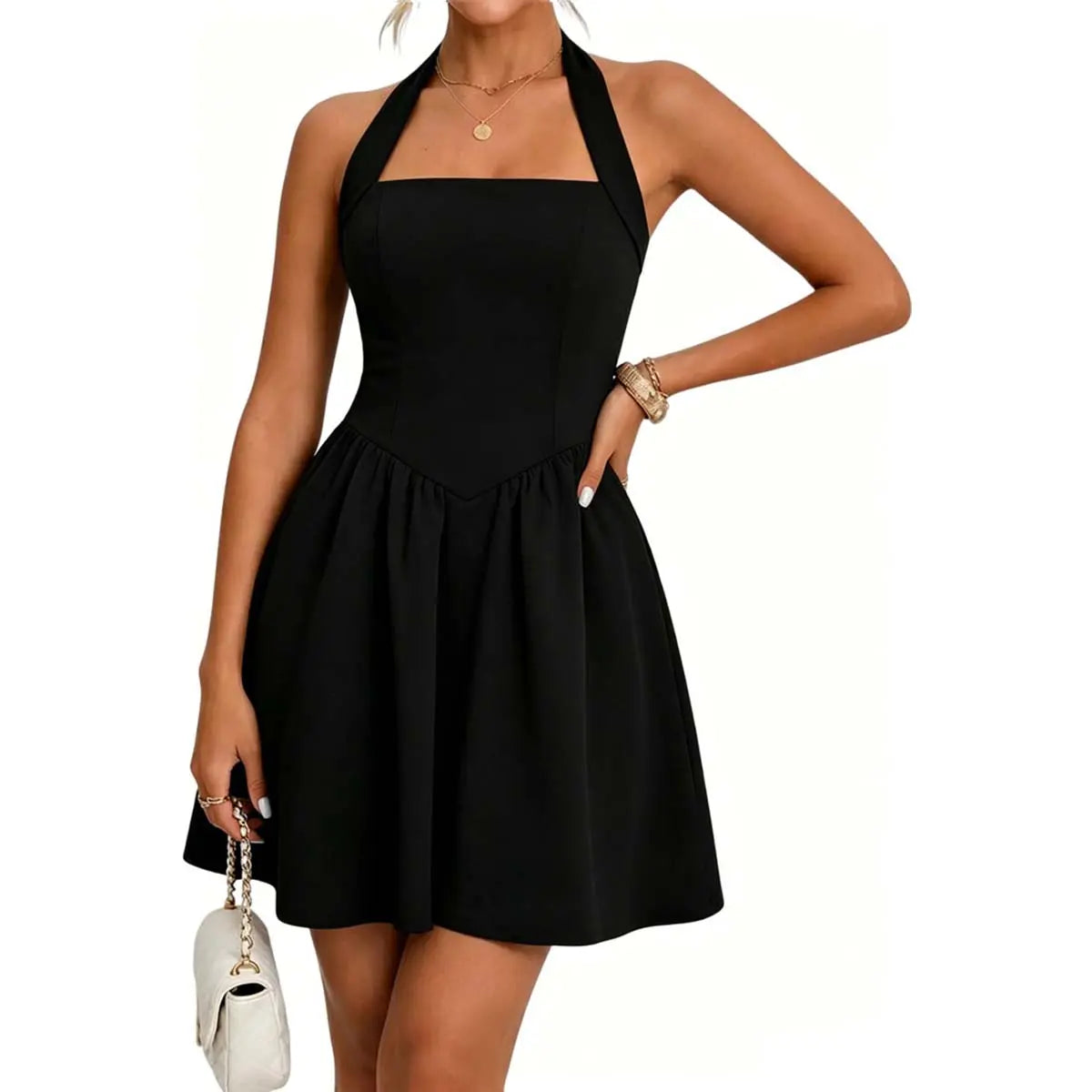 OYS Women'S Casual Summer Halter Neck Sleeveless A-Line Ruffle Hem Backless Mini Cocktail Party Dress with Pockets