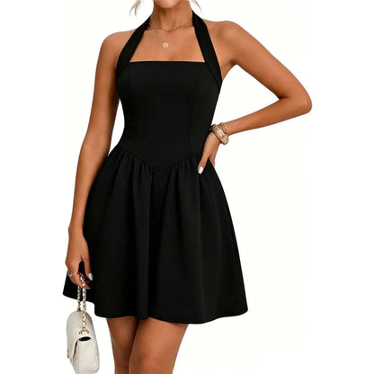 OYS Women'S Casual Summer Halter Neck Sleeveless A-Line Ruffle Hem Backless Mini Cocktail Party Dress with Pockets