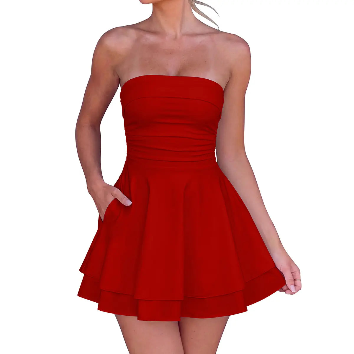 OYS Women'S Sexy Tube Top Strapless Ruched Waist Ruffle Hem Tiered Layer Cocktail Party Graduation Mini Dress