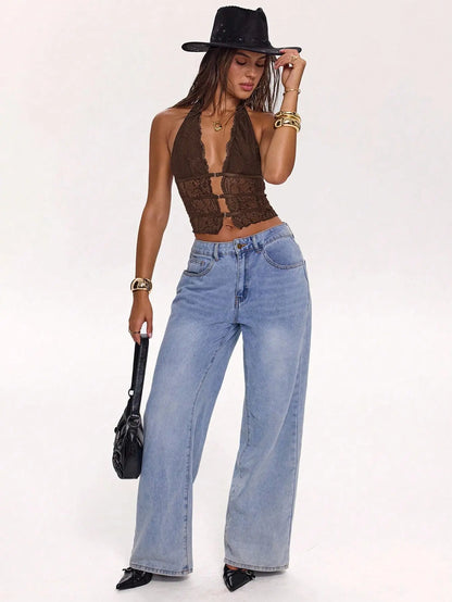Katch Me Chic Women's Floral Lace Sheer Deep Neck Halter Cami Top - Cropped Beach Blouse with Twist Front Buckle, Lightweight and Breathable Summer Wear