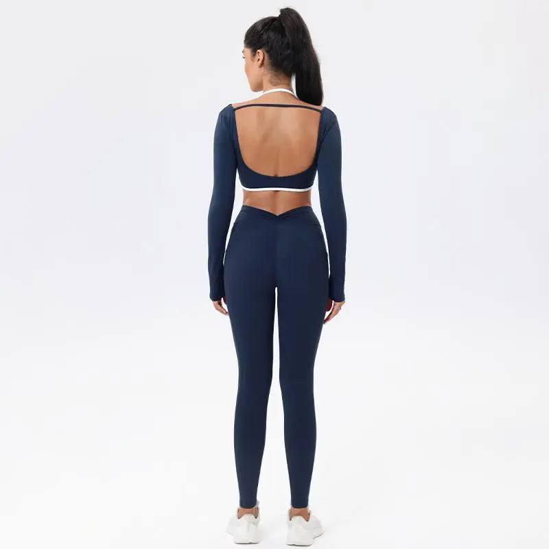 Summervibes Workout Sets for Women 2 Piece Outfits Seamless High Waist Leggings Yoga Long Sleeve Crop Tops Athletic Gym Sets Elegante Sport Halter Bra for Gym Workout Sets for Women Activewear High Waisted Outdoor Fun