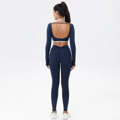 Summervibes Workout Sets for Women 2 Piece Outfits Seamless High Waist Leggings Yoga Long Sleeve Crop Tops Athletic Gym Sets Elegante Sport Halter Bra for Gym Workout Sets for Women Activewear High Waisted Outdoor Fun
