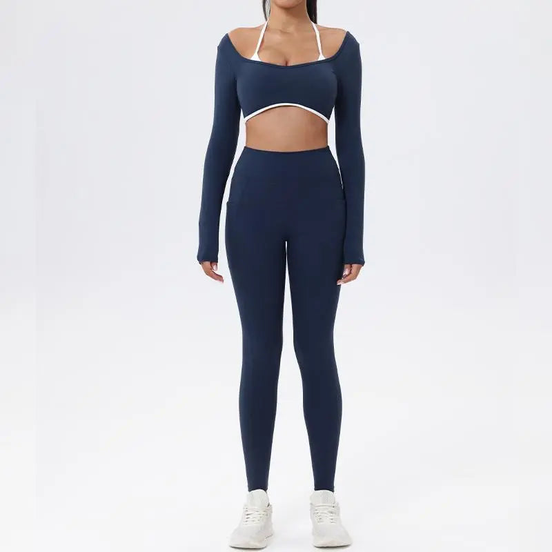 Summervibes Workout Sets for Women 2 Piece Outfits Seamless High Waist Leggings Yoga Long Sleeve Crop Tops Athletic Gym Sets Elegante Sport Halter Bra for Gym Workout Sets for Women Activewear High Waisted Outdoor Fun