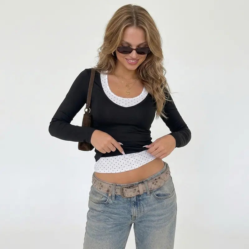 2 Piece Clothes Women'S Y2K Polka Dot Halter Layered Long Sleeve Top, Quick Dry Slim Fit Breathable Yoga Workout Shirts, Casual Streetwear Activewear