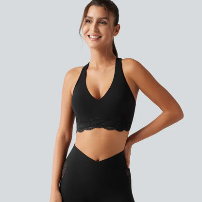 Halara Ultrasculpt V-Neck Racerback Sports Bra with Built-In Bra and Contrast Lace Detail