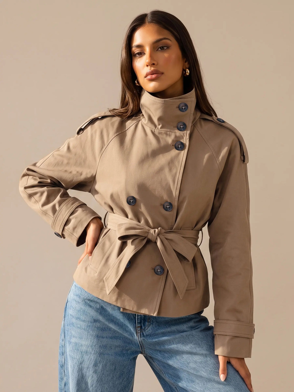 Katch Me Women's Versatile Stand Collar Button-Up Trench Coat with Detachable Waist Belt, Cozy Windproof Long Sleeve Outerwear for Fall & Winter