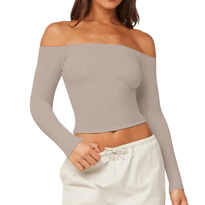 Women'S Everyday Summer Wear off the Shoulder Crop Top Long Sleeve Seamless Fitted Bardot Top Slim Fit Pilates Yoga Workout Basic Tee Athletic Top Casual Streetwear Going Out