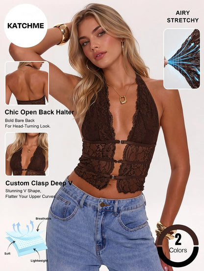 Katch Me Chic Women's Floral Lace Sheer Deep Neck Halter Cami Top - Cropped Beach Blouse with Twist Front Buckle, Lightweight and Breathable Summer Wear