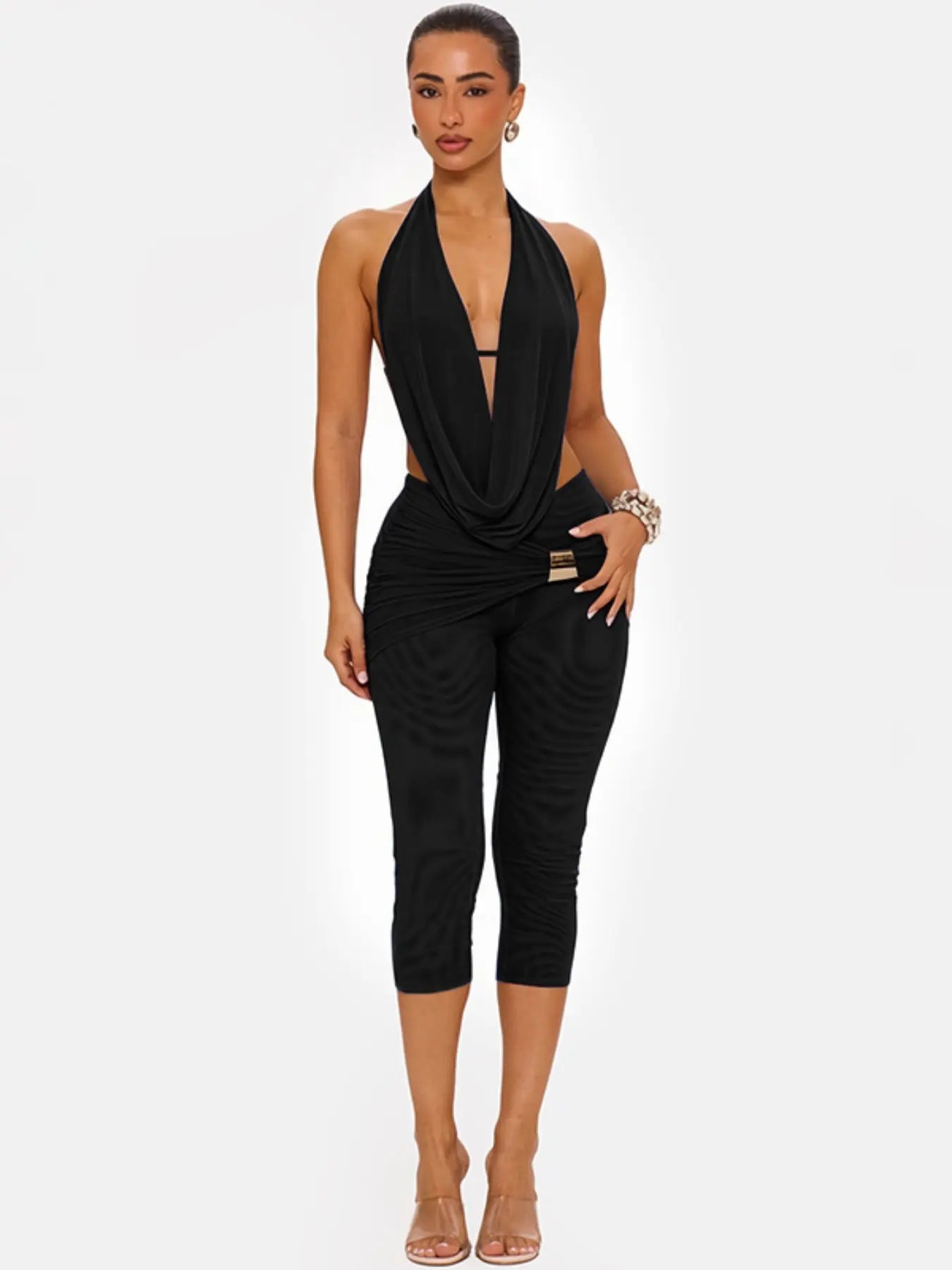 Women's Elegant Deep V Neck Backless Top with Fitted Three-Quarter Pants Set, Faux Two-Piece Design, Ideal for Social Events and Gatherings