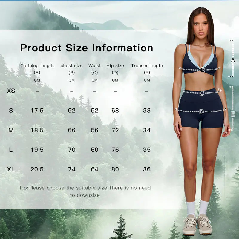 Women'S MFVIM 2-Piece Deep Blue Contrast Fitness Gymwear Set - Thin-Strap 2-Layer Sports Bra, High-Waisted Butt-Lifting Shorts, for Yoga, Outdoor Activities, Outdoor Yoga Suit