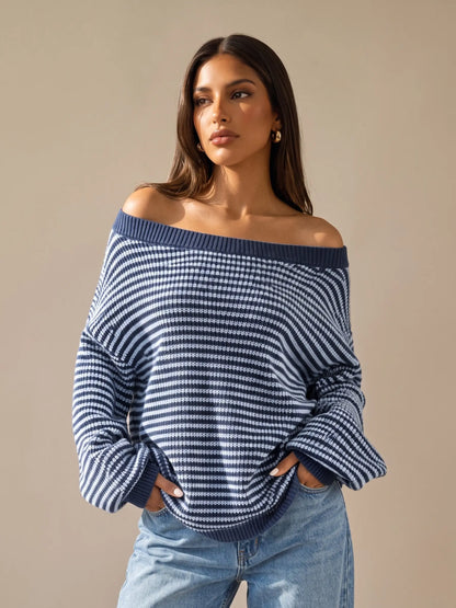 Chic Women's Slouchy Off-Shoulder Striped Balloon Sleeve Sweater - Cozy Drop Shoulder Loose Pullover for Fall & Winter