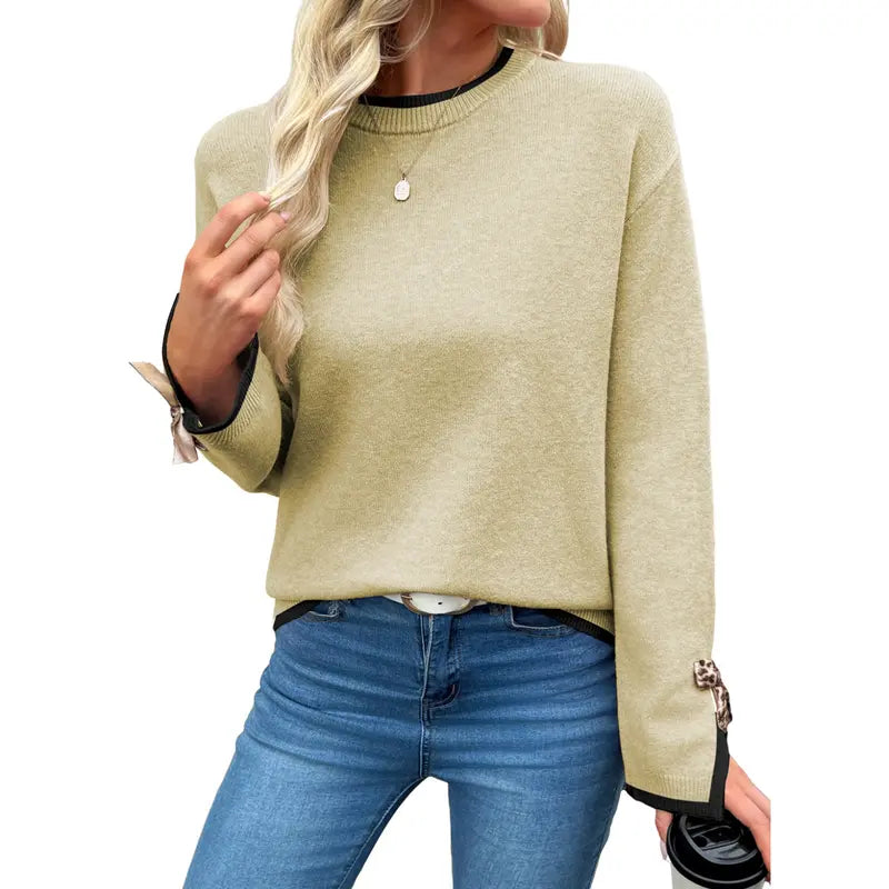 EVALESS Women'S Crew Neck Knitwear Pullover, Casual Sweater with Leopard Print Bow Cuffs, Relaxed Fit for Fall