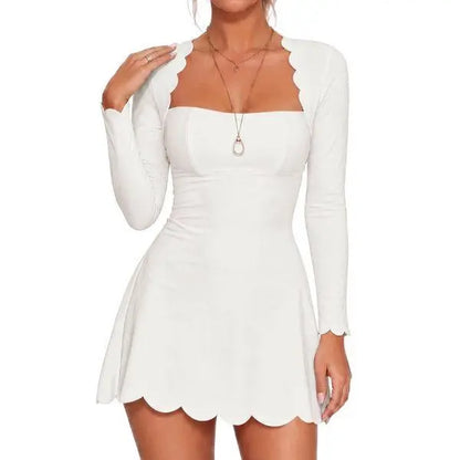 Fisoew Minimalist Elegant Casual Women'S Waist-Cinched Scalloped Square Neck Long Sleeve Skin-Friendly A-Line Skater Dress - Stylish Women'S Wear Pink Mini Club Party Dress