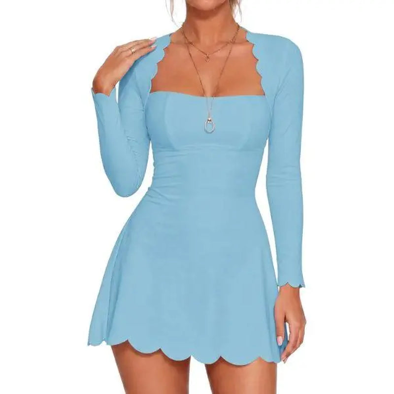 Fisoew Minimalist Elegant Casual Women'S Waist-Cinched Scalloped Square Neck Long Sleeve Skin-Friendly A-Line Skater Dress - Stylish Women'S Wear Pink Mini Club Party Dress