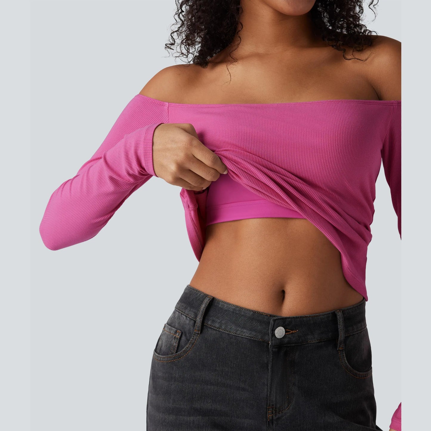 Halara Ribbed Knit off Shoulder Long Sleeve 2-In-1 Casual Top