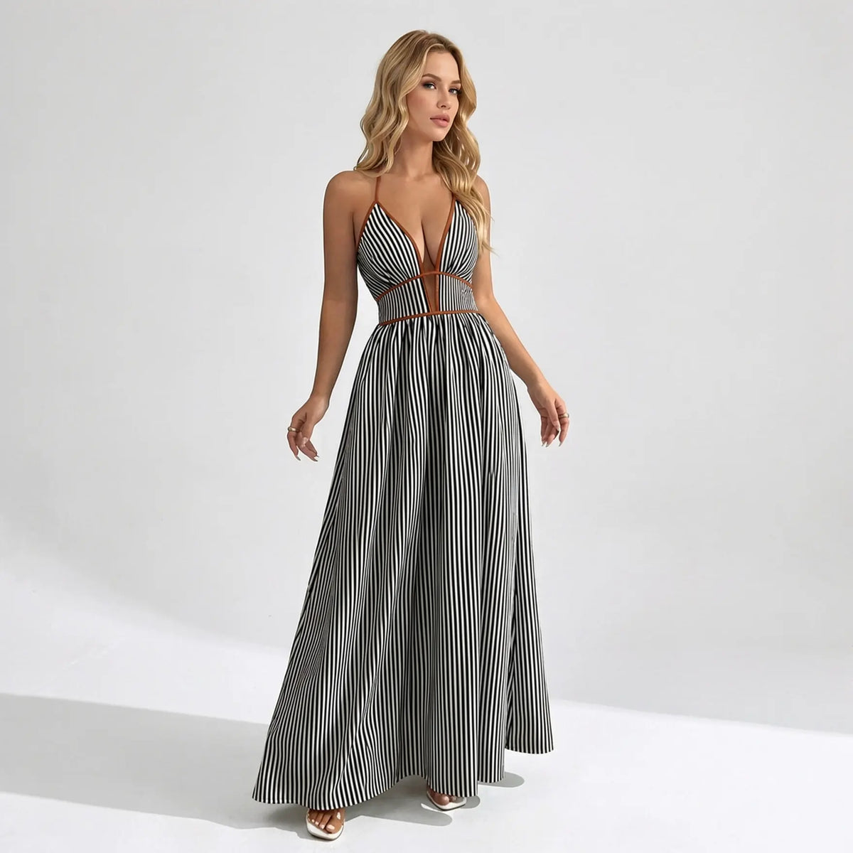 Katch Me Chic Women's Elegant Pinstripe Deep V-Neck Adjustable Halter Maxi Dress - Lightweight Summer Attire for Beach Holidays