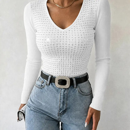 CHICME Women'S V Neck Rhinestone Top Long Sleeve Ribbed Knit Tee Slim Fit Pullover Casual Base Layering Top