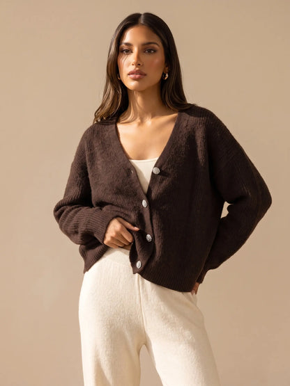Katch Me Women's Slouchy V-Neck Button Knit Cardigan - Cozy Ribbed Sweater for Fall & Winter, Durable Pill-Resistant Long Sleeve Top