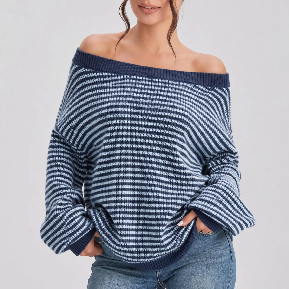 Chic Women's Slouchy Off-Shoulder Striped Balloon Sleeve Sweater - Cozy Drop Shoulder Loose Pullover for Fall & Winter