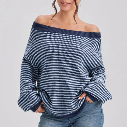 Chic Women's Slouchy Off-Shoulder Striped Balloon Sleeve Sweater - Cozy Drop Shoulder Loose Pullover for Fall & Winter